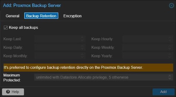 Proxmox VE Add Proxmox Backup Server dialog, Backup Retention tab with Keep all backups ticked