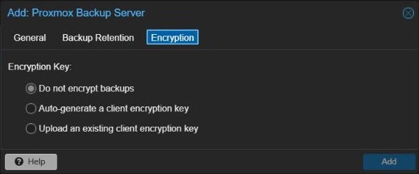 Proxmox VE Add Proxmox Backup Server dialog, Encryption tab with client encryption key options