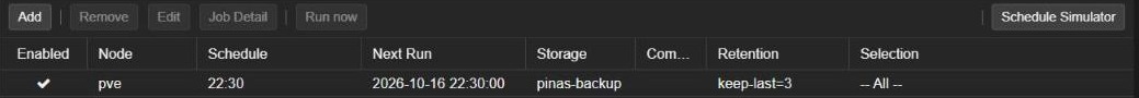 Proxmox VE Datacenter Backup job list with the Add and Run now buttons