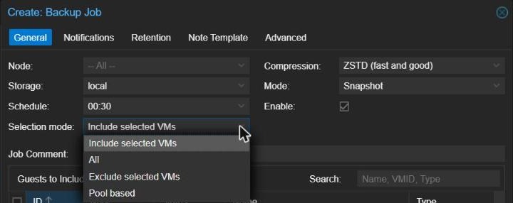 Proxmox VE Create Backup Job dialog showing schedule, mode and the Selection mode options