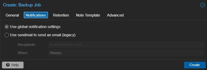 Proxmox VE Create Backup Job dialog, Notifications tab