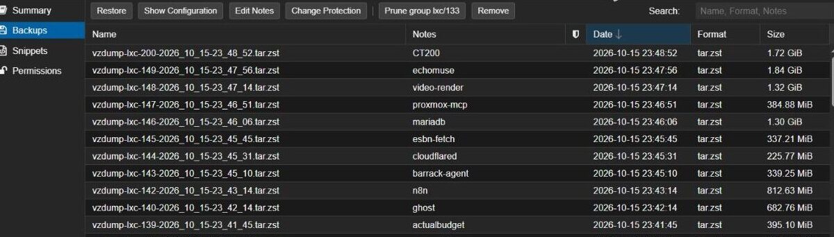 Proxmox VE backup storage Backups tab listing container backups with the Restore button