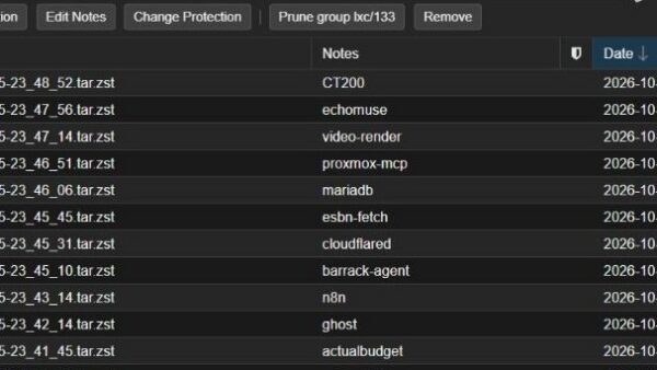 Proxmox VE backup storage Backups tab listing container backups with the Restore button