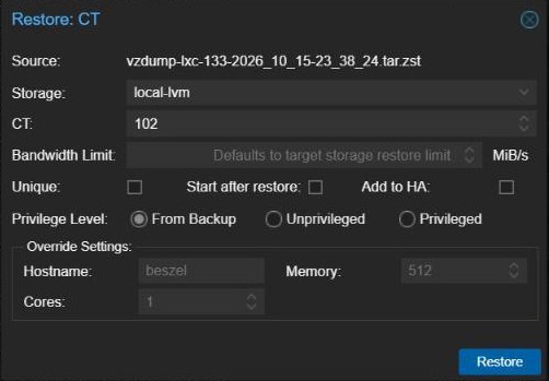 Proxmox VE Restore dialog for a container backup with storage, ID and Unique options