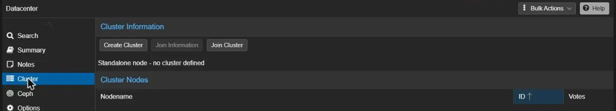 Proxmox Datacenter Cluster panel showing Standalone node - no cluster defined