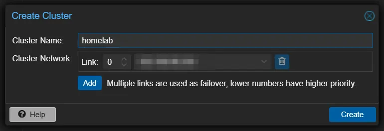 Proxmox Create Cluster dialog with cluster name and Link 0 network