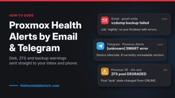 Proxmox health alerts by email and Telegram: example notifications for a failed backup, a SMART disk error and a degraded ZFS pool