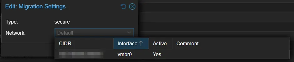 Proxmox Edit Migration Settings dialog with network dropdown open