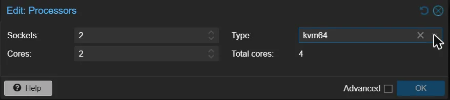Proxmox Edit Processors dialog showing the CPU Type field