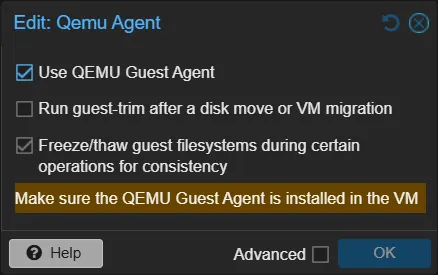 Proxmox QEMU Guest Agent options dialog