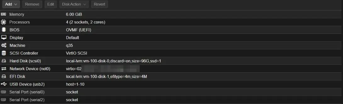 Proxmox VM Hardware tab showing a USB Device passthrough entry