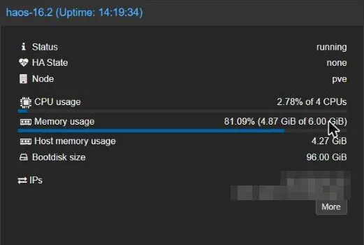 Proxmox VM Summary panel showing status and IP addresses from the guest agent