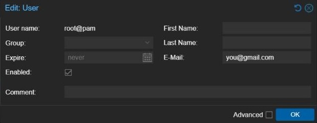 Proxmox VE Edit User dialog for root@pam with the E-Mail field filled in