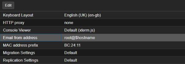 Proxmox VE Datacenter Options list with the Email from address row selected