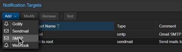 Proxmox VE Add notification target menu showing Gotify, Sendmail, SMTP and Webhook