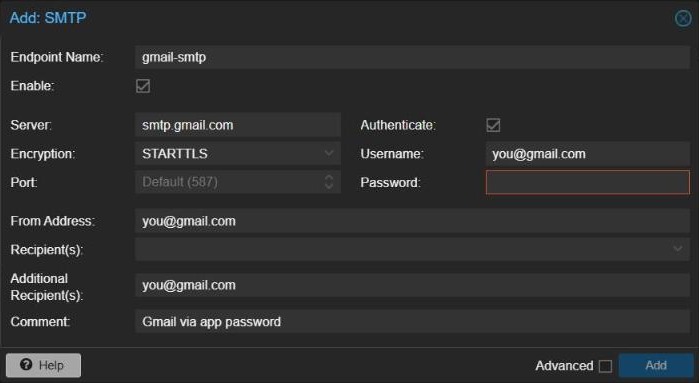 Proxmox VE Add SMTP target dialog set up for smtp.gmail.com with STARTTLS