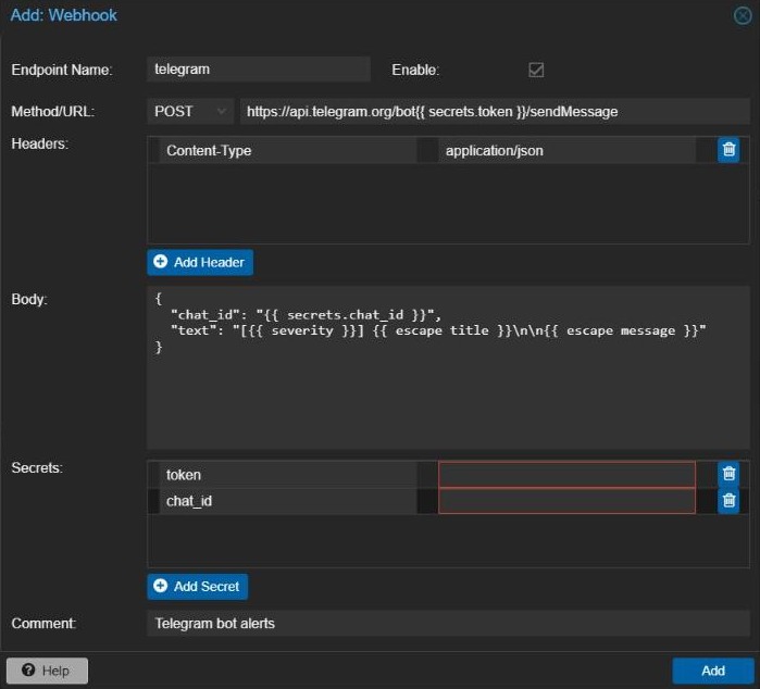 Proxmox VE Add Webhook dialog configured for the Telegram Bot API with token and chat_id secrets
