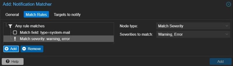 Proxmox VE notification matcher rules: any rule matches, type system-mail or severity warning and error