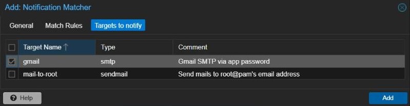 Proxmox VE notification matcher Targets to notify tab with the gmail target ticked