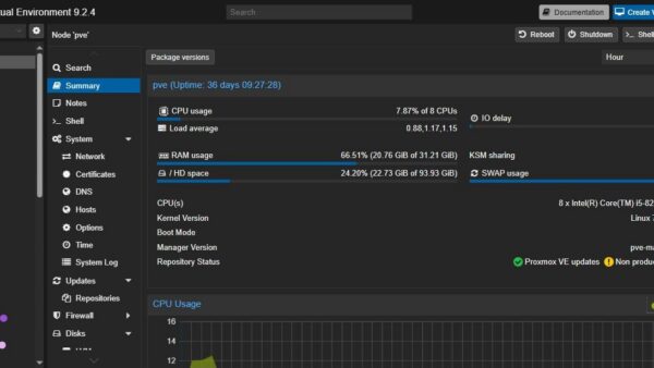 Proxmox VE web interface showing the resource tree and the node Summary panel