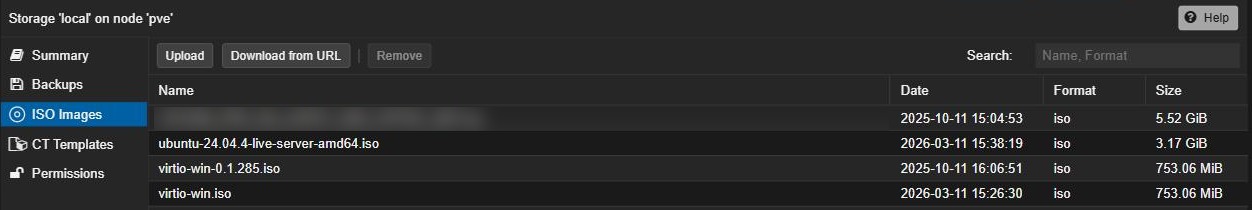 Proxmox local storage ISO Images tab with Upload and Download from URL buttons