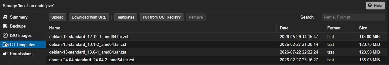 Proxmox local storage CT Templates tab with the Templates button