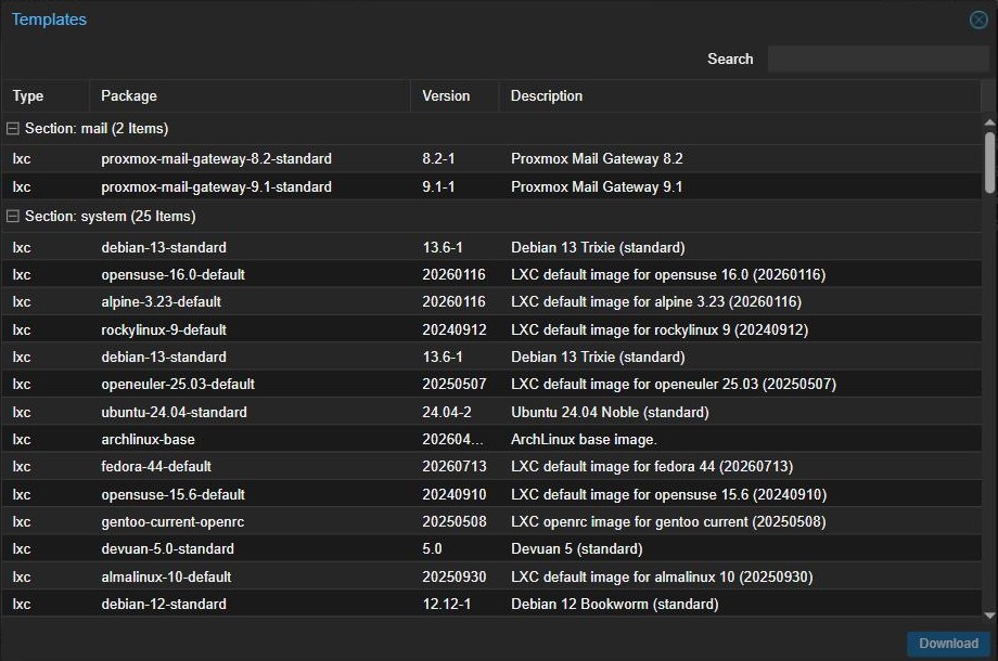 Proxmox Templates dialog listing downloadable LXC container templates