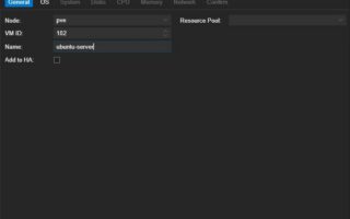 Proxmox Create Virtual Machine wizard, General tab with node, VM ID and name