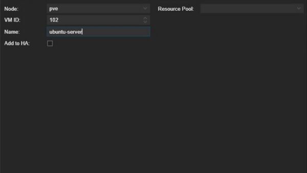 Proxmox Create Virtual Machine wizard, General tab with node, VM ID and name