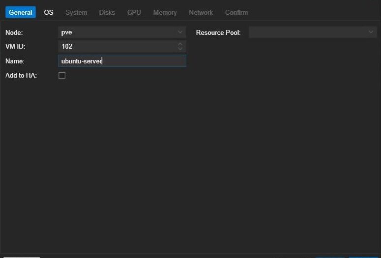 Proxmox Create Virtual Machine wizard, General tab with node, VM ID and name