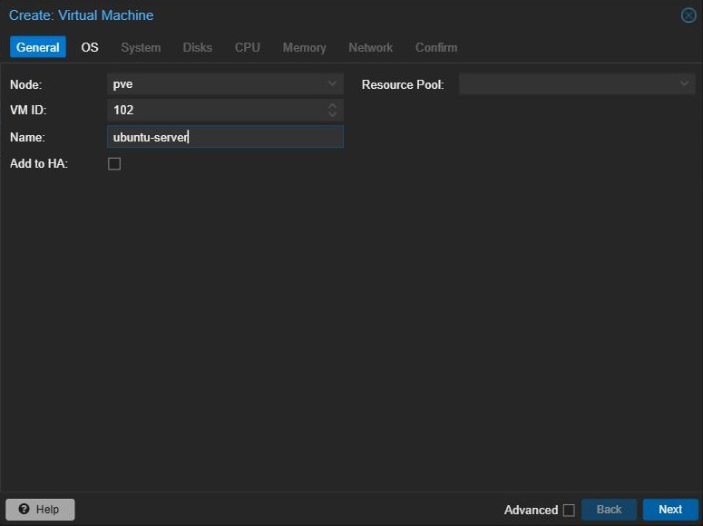 Proxmox Create Virtual Machine wizard, General tab with node, VM ID and name