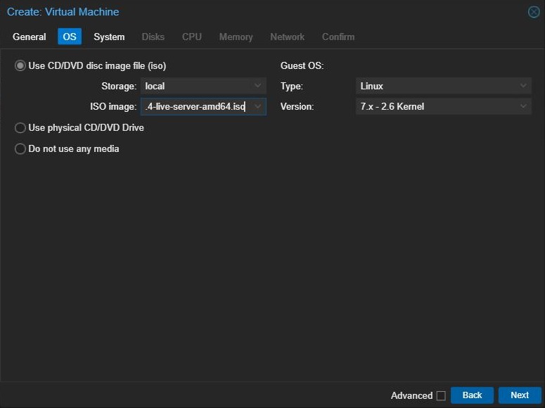 Proxmox Create VM wizard, OS tab with an Ubuntu Server ISO selected