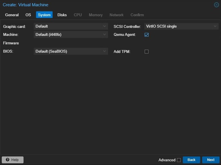 Proxmox Create VM wizard, System tab with the Qemu Agent box ticked