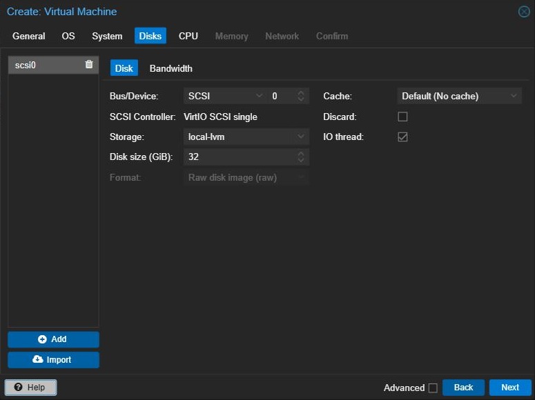 Proxmox Create VM wizard, Disks tab with a 32 GiB disk on local-lvm