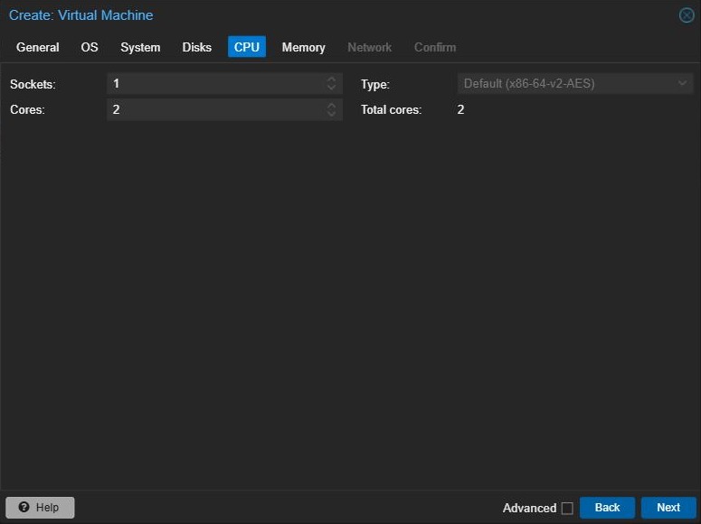 Proxmox Create VM wizard, CPU tab with 1 socket and 2 cores