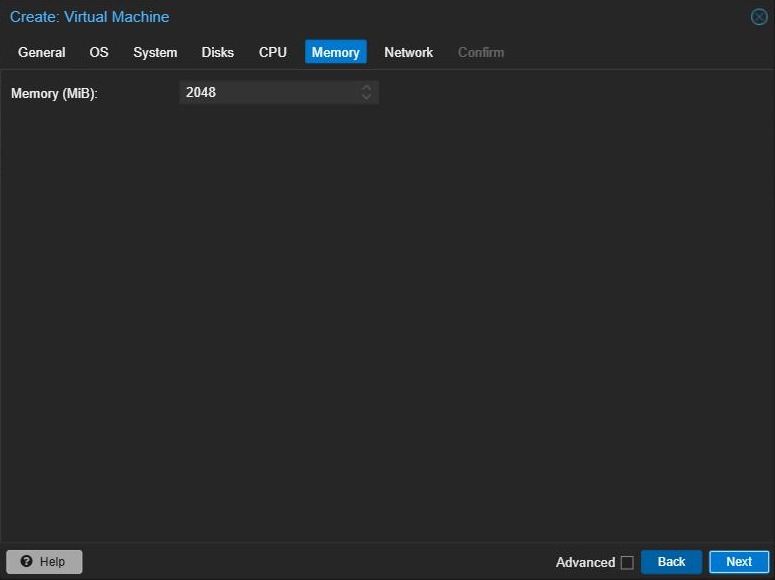 Proxmox Create VM wizard, Memory tab set to 2048 MiB