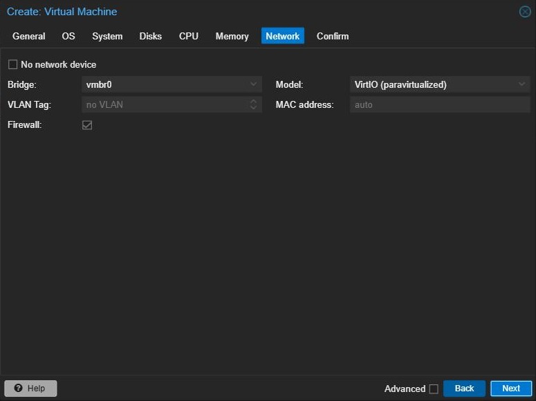 Proxmox Create VM wizard, Network tab using bridge vmbr0 and VirtIO