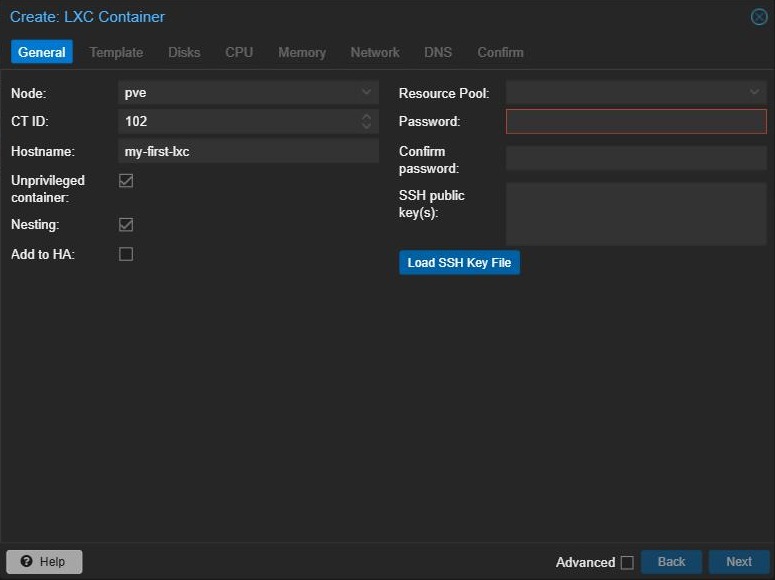 Proxmox Create LXC Container wizard, General tab with hostname and password fields