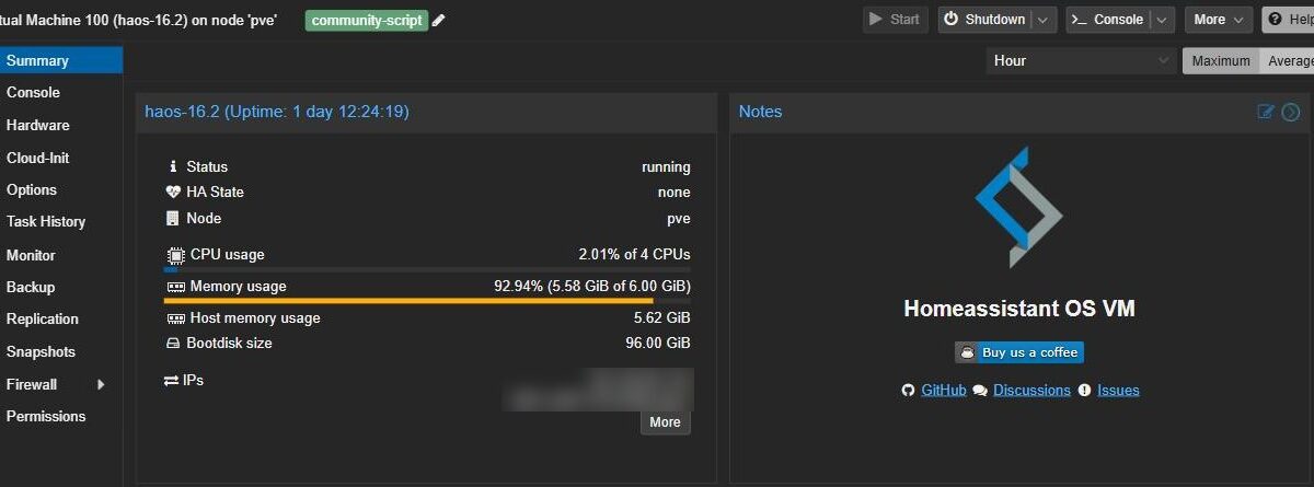 Proxmox summary page for a running Home Assistant OS virtual machine