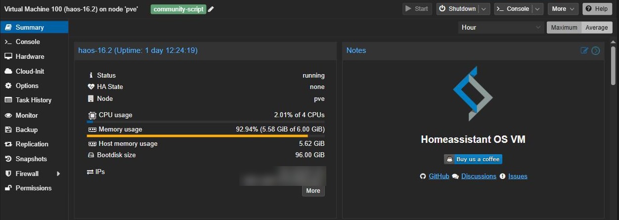 Proxmox summary page for a running Home Assistant OS virtual machine