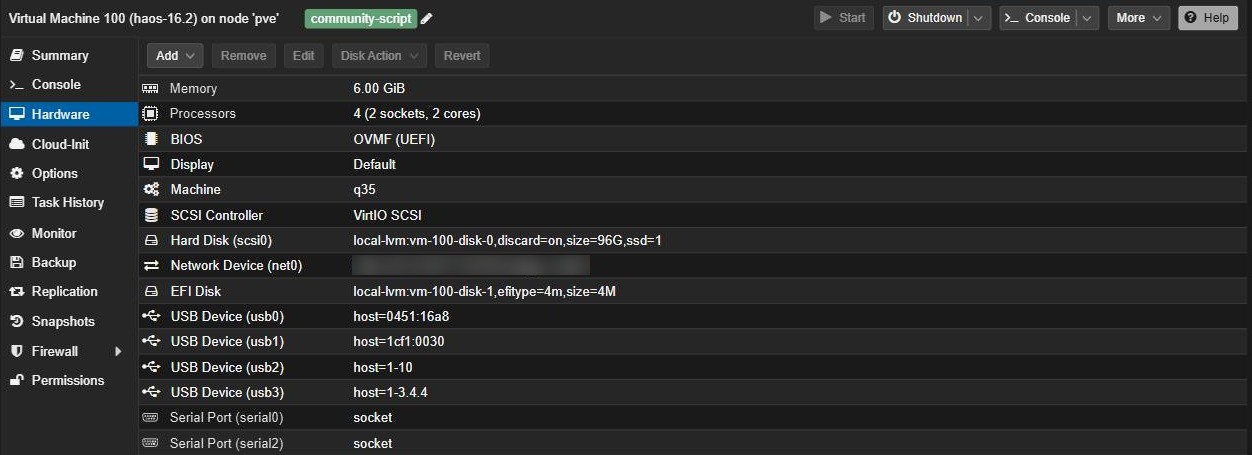 Proxmox Hardware tab of the Home Assistant OS VM showing disks, network and USB devices