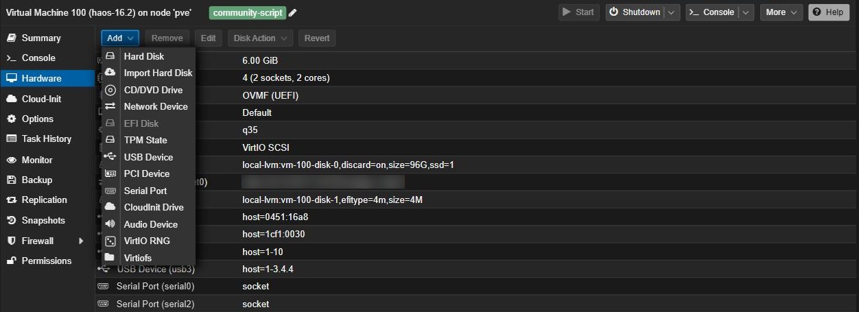 Proxmox VM Hardware Add menu including Import Hard Disk and USB Device