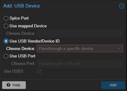 Proxmox Add USB Device dialog with the Use USB Vendor/Device ID option selected
