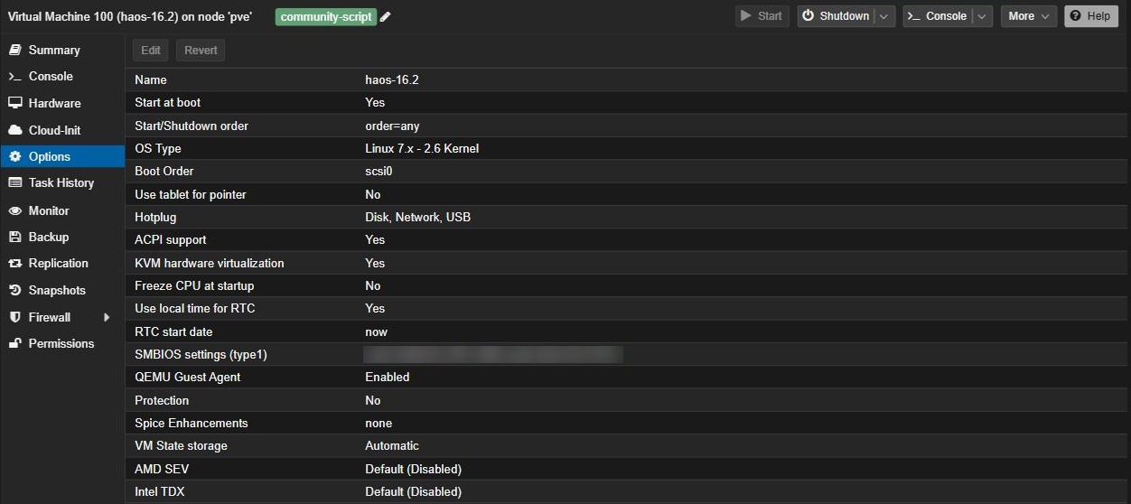 Proxmox Options tab of the Home Assistant VM showing boot order, start at boot and QEMU Guest Agent