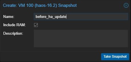 Proxmox Create Snapshot dialog with a snapshot name entered