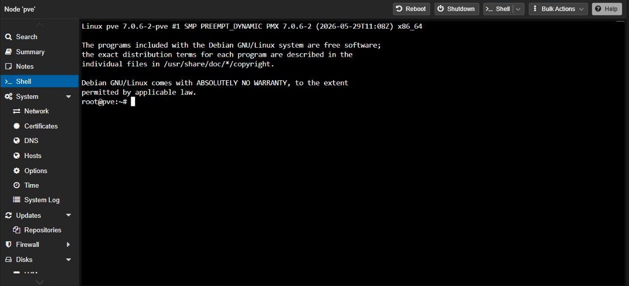 Proxmox node Shell showing a root prompt on the Proxmox host