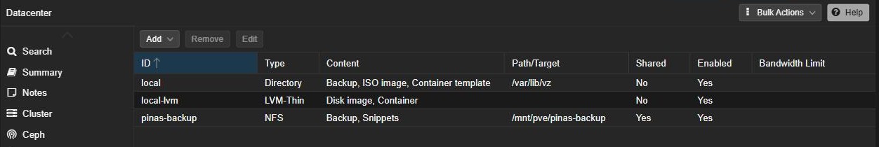 Proxmox Datacenter Storage list showing local, local-lvm and an NFS backup share