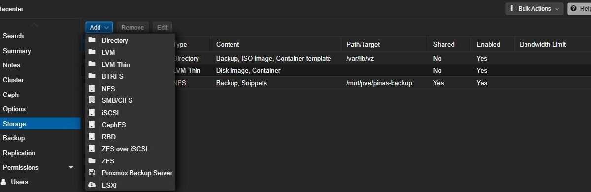 Proxmox Datacenter Storage Add menu listing NFS and SMB/CIFS