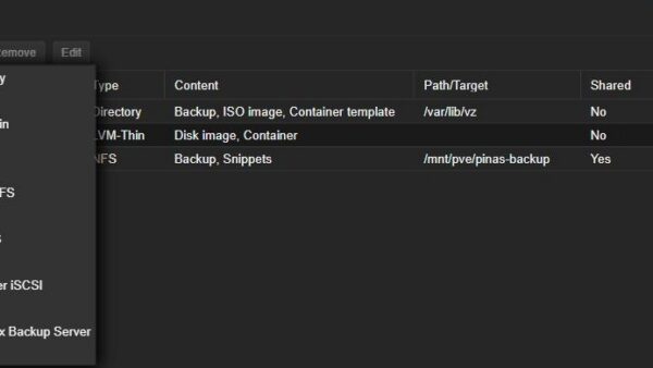 Proxmox Datacenter Storage Add menu listing NFS and SMB/CIFS