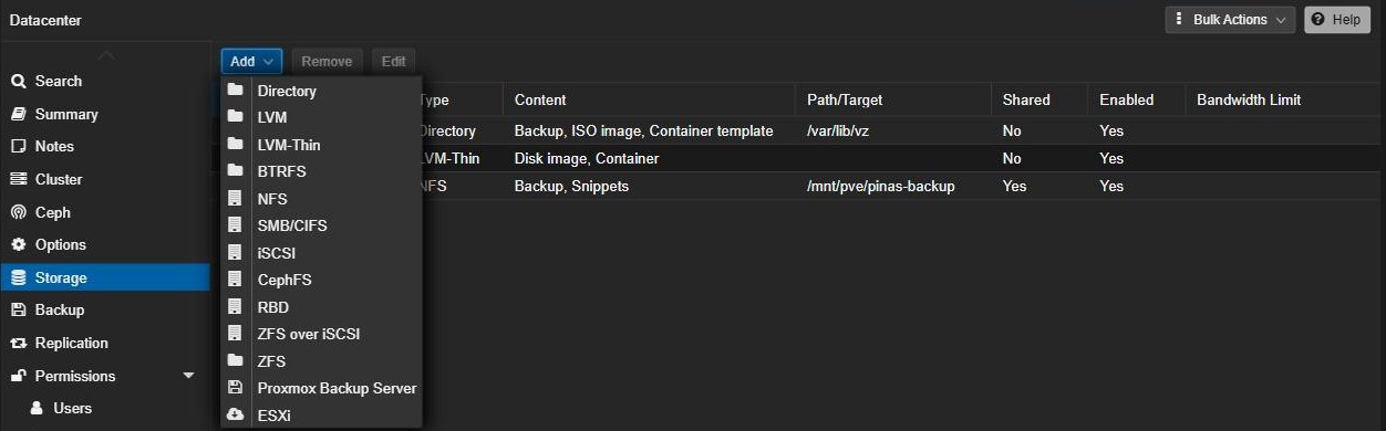 Proxmox Datacenter Storage Add menu listing NFS and SMB/CIFS